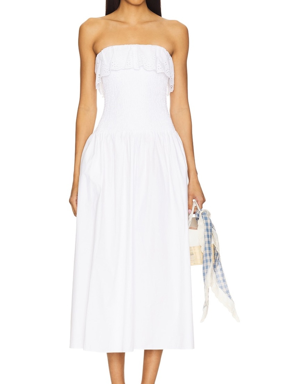Maude Club White Eyelet Smocked Midi Dress Cottagecore Coquette Sundress NWT S